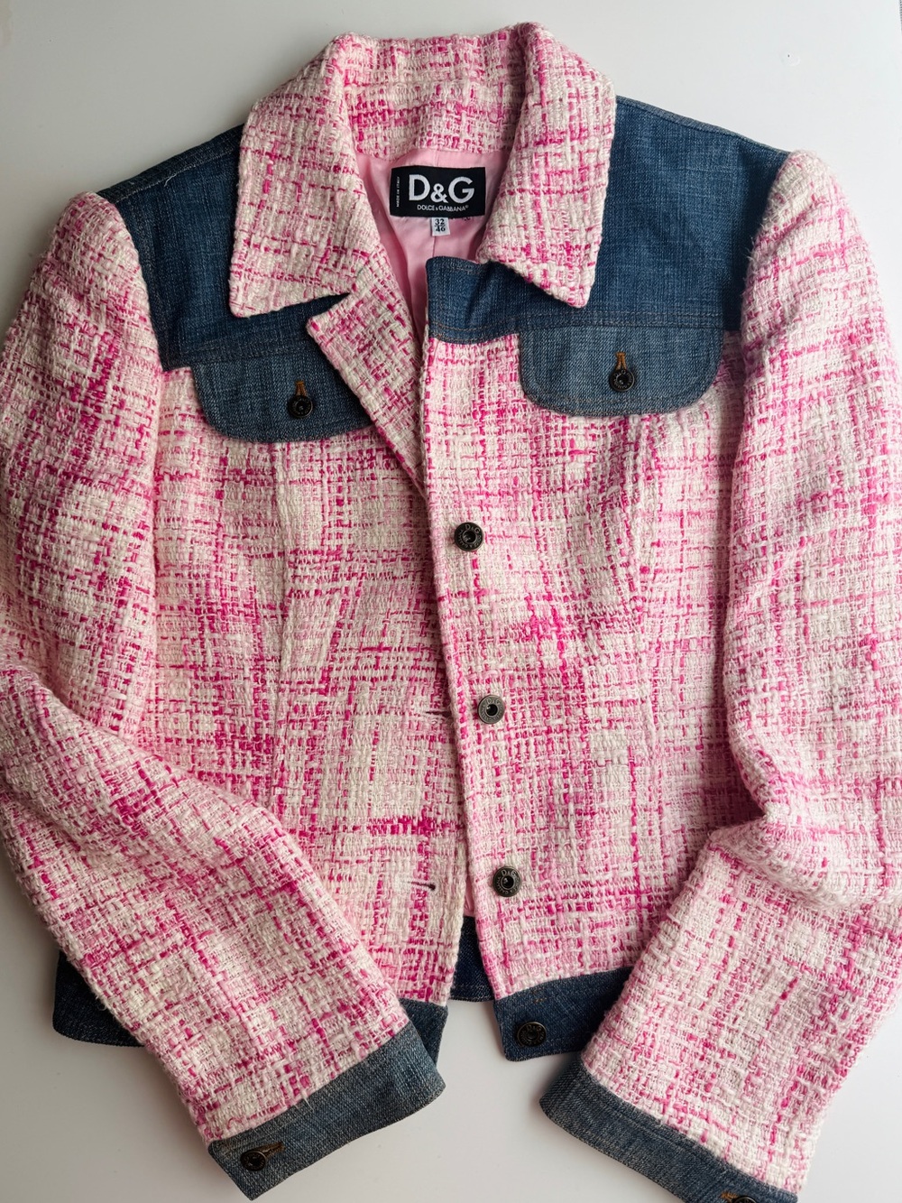 Dolce & Gabbana Jacket Tweed-Trim Denim Pink and Blue size 32 46 S M L